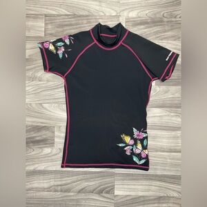 Burnside Women’s Black Floral Short Sleeve Rash Guard Swim Top Sz M Beachwear